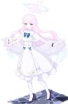  1girl absurdres angel_wings black_scrunchie blue_archive blue_bow blue_bowtie bow bowtie capelet commentary_request cross dress feathered_wings frilled_skirt frills gradient_halo hair_bun halo highres light_blush light_smile looking_at_viewer low_wings mika_(blue_archive) multicolored_halo outstretched_arms pink_hair purple_shoes scrunchie shirt shoes simple_background single_side_bun skirt solo stone_floor thighhighs ultra_marine_blue white_background white_capelet white_dress white_shirt white_thighhighs white_wings wing_ornament wings wrist_scrunchie 