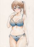  1girl blue_bra blue_panties blush bow bow_bra bow_panties bra breasts brown_eyes brown_hair cameltoe cleavage commentary_request cowboy_shot finger_to_mouth groin hair_between_eyes hair_tie highres kaga_(kancolle) kantai_collection lace-trimmed_bra lace-trimmed_panties lace_trim long_hair looking_at_viewer medium_breasts painting_(medium) panties side-tie_panties side_ponytail simple_background sinri_neko solo standing stomach sweatdrop traditional_media translation_request underwear underwear_only watercolor_(medium) white_background 