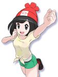  1girl arm_up beanie black_hair clenched_hands commentary_request eyelashes green_shorts grey_eyes hand_up happy hat highres long_hair pokemon pokemon_sun_and_moon red_hat selene_(pokemon) shirt shoes short_shorts shorts solo tied_shirt undershirt white_background ya_mari_mo_3 yellow_shirt 