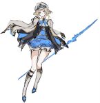  1girl amplehiko arcaea blonde_hair bloomers blue_dress blue_eyes blue_ribbon capelet commentary cross-laced_clothes cross-laced_dress dress eto_(arcaea) facial_mark full_body hat highres holding holding_weapon layered_dress long_sleeves looking_at_viewer military_hat neck_ribbon panties ribbon shoes short_hair simple_background sketch solo underwear unfinished weapon white_background white_bloomers white_capelet white_hair white_panties white_shoes 