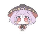  1girl :o blush bowl bowl_hat chibi chibi_only commentary_request full_body hat japanese_clothes kimono kiwi_(x_x915) looking_ahead looking_at_viewer lowres medium_hair purple_hair red_hair red_kimono simple_background solo standing straight-on sukuna_shinmyoumaru touhou white_background 