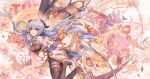  1girl absurdres ahoge bare_shoulders bell blue_hair blush bodystocking breasts chinese_knot commentary_request cowbell detached_sleeves ganyu_(genshin_impact) genshin_impact gloves goat_horns hair_between_eyes highres horns large_breasts long_hair looking_at_viewer neck_bell open_mouth pantyhose purple_eyes sidelocks solo soukl.m vision_(genshin_impact) white_sleeves 
