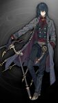  1boy belt black_gloves black_hair black_pants black_vest brown_shoes cane chain closed_mouth coat crossed_bangs frilled_sleeves frills full_body game_asset gloves gold_chain gold_trim grey_belt grey_eyes grimms_notes hair_between_eyes horns long_hair male_focus michel_nostradamus_(grimms_notes) non-web_source official_art open_clothes open_coat pale_skin pants red_shirt shirt shoes skeleton solo trench_coat vest zaza_(x-can01) 