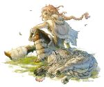  1girl animal animal_hands arm_rest blonde_hair braid brown_hair chibi commentary_request curled_tail fur_trim gloves grass h'aanit_(octopath_traveler) long_hair looking_at_viewer octopath_traveler octopath_traveler_i raruomrice simple_background single_braid sitting sleeping snow_leopard solo tiger tiger_paws twitter_username weapon 