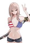  absurdres alternate_costume american_flag american_flag_bikini american_flag_print belt bikini black_belt blue_shorts breasts brown_eyes brown_hair commentary cowboy_shot denim denim_shorts english_commentary flag_print flag_print_bikini goddess_of_victory:_nikke hanagari highres holding holding_sheath holding_sword holding_weapon katana long_hair looking_at_viewer medium_breasts navel open_clothes open_fly open_shorts print_bikini scabbard scarlet_(nikke) sheath sheathed shorts simple_background smile swimsuit sword v weapon white_background 