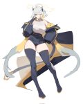  1girl ahoge bare_shoulders blonde_hair blue_leotard blue_thighhighs breasts commentary covered_navel detached_sleeves gold_trim gya_rb hair_between_eyes halo hand_on_own_hip headgear highres leotard long_hair looking_at_viewer low_twintails multicolored_hair narrow_waist one_eye_closed raised_eyebrows renewa_(trickcal) shirt_tucked_in simple_background solo standing sweater thighhighs trickcal turtleneck turtleneck_sweater twintails very_long_hair white_background white_hair wide_hips yellow_halo 