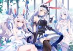  +_+ 3girls animal_ears azur_lane bare_shoulders black_dress blue_bow blue_flower blue_gemstone blue_rose bow braid breasts brown_thighhighs center_frills choker crotchless crotchless_pantyhose dress fake_animal_ears flower frilled_dress frilled_gloves frills gem gloves grey_hair hairband hakazenanato highres laffey_(azur_lane) laffey_(white_rabbit&#039;s_oath)_(azur_lane) le_malin_(azur_lane) le_malin_(listless_lapin)_(azur_lane) leotard lolita_hairband long_hair low_twin_braids multiple_girls nontraditional_playboy_bunny o-ring o-ring_choker official_alternate_costume official_art pantyhose playboy_bunny purple_eyes rabbit_ears rabbit_girl rabbit_tail red_eyes rose shimakaze_(azur_lane) shimakaze_(the_white_rabbit_of_wonderland)_(azur_lane) short_dress sleeveless sleeveless_dress small_breasts standing strapless strapless_dress tail thighhighs twin_braids twintails two-tone_dress wedding_dress white_choker white_dress white_gloves white_leotard white_pantyhose wrist_cuffs yellow_eyes zettai_ryouiki 