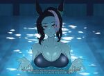  1girl absurdres animal_ears black_hair blue_one-piece_swimsuit breasts chainsaw_man cleavage commentary english_commentary false_sify forehead grey_eyes highres horse_ears horse_girl large_breasts mejiro_ramonu_(umamusume) multicolored_hair one-piece_swimsuit parted_lips partially_submerged pool short_hair solo swimsuit two-tone_hair umamusume white_hair 