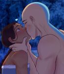  1boy 1girl aang arrow_(symbol) arrow_tattoo avatar:_aang_the_last_airbender avatar:_the_last_airbender avatar_legends bald blue_tattoo clubulool commentary couple dark-skinned_female dark_skin english_commentary forehead_tattoo head_tattoo highres husband_and_wife katara kiss tattoo 