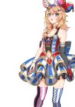  1girl abe_buson absurdres ahoge animal_ear_fluff animal_ears arm_strap asymmetrical_legwear blonde_hair bow bow_button bowtie braid breasts clothing_cutout club_hair_ornament commentary cross-laced_clothes cross-laced_legwear detached_collar diamond_hair_ornament elbow_gloves fox_ears fox_girl gloves hair_ornament halter_shirt halterneck hat heart highres hololive jester_cap layered_skirt mark_under_eye miniskirt mismatched_legwear mismatched_thighhighs multicolored_hair navel_cutout omaru_polka omaru_polka_(1st_costume) open_mouth pink_hair playing_card_theme purple_eyes single_elbow_glove skirt sleeveless solo spade_hair_ornament streaked_hair striped_clothes striped_skirt thighhighs tilted_headwear traditional_bowtie vertical-striped_clothes vertical-striped_skirt virtual_youtuber white_background wing_collar wrist_cuffs x_hair_ornament 