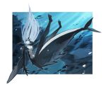  1girl animal_ears black_skin border breasts closed_mouth colored_skin fish_girl fish_tail floating_hair grey_eyes grey_skin highres horns large_breasts looking_at_viewer original ruteko_(ruko220) solo tail underwater white_border 
