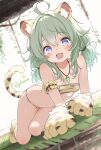  1girl :d ahoge animal_ears animal_hands animal_print arm_garter banana_leaf bandeau bare_shoulders blue_eyes blush bow bow_panties breasts canopy_(shelter) commentary_request covered_nipples fang full_body gem green_gem green_hair hair_between_eyes hair_tie highres jewelry long_hair looking_at_viewer lying on_side original outdoors panties pendant pink_bow po_yo_ta_ma signature skin_fang small_breasts smile solo stomach strapless tail thighs tiger_ears tiger_girl tiger_paws tiger_print tiger_print_panties tiger_tail underwear 