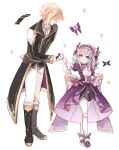  1boy 1girl absurdres ankle_boots arm_behind_back back_bow black_boots black_coat black_gloves blonde_hair boots bow bowtie brooch closed_eyes closed_mouth coat commentary_request doll_joints eiyuu_densetsu full_body gloves grey_hair hair_ornament hairband hajimari_no_kiseki hand_on_own_hip heterochromia highres holding_hands jewelry joints lapis_rosenberg long_sidelocks long_sleeves pants puffy_long_sleeves puffy_sleeves purple_bow purple_bowtie purple_hairband rufus_albarea shoulder_guard sidelocks simple_background sparkle standing tailcoat traditional_bowtie white_background white_gloves white_pants wide_sleeves willfin 