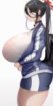  1girl absurdres ass black_hair blue_archive breasts choker chomikuplus covered_nipples curvy gigantic_breasts hair_between_eyes halo hasumi_(blue_archive) hasumi_(gym_uniform)_(blue_archive) highres huge_ass jacket long_hair looking_to_the_side low_wings mole mole_under_eye open_clothes open_jacket ponytail profile red_eyes shorts simple_background solo thick_thighs thighs track_jacket very_long_hair white_background wings 