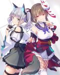  2girls :d absurdres animal_ear_fluff animal_ears bare_shoulders black_bow black_dress blunt_bangs bow braid breasts brown_hair commentary_request cowboy_shot crown_braid detached_sleeves dress dress_bow extra_ears eyelashes fishnet_pantyhose fishnets fox_mask fox_shadow_puppet frilled_dress frilled_sleeves frills green_eyes grin hair_bow hair_ornament hair_over_shoulder hair_ribbon hair_stick hand_up heaven_burns_red highres holding_own_dress index_finger_raised japanese_clothes kiryuu_miya kiryuu_miya_(vulpine_mystique) large_breasts lolita_fashion long_hair long_sleeves looking_at_viewer mask mask_on_head mole mole_under_eye multicolored_hair multiple_girls netarou_(shinra) official_alternate_costume official_alternate_hairstyle pantyhose purple_bow red_eyes red_ribbon ribbon ribbon-trimmed_thighhighs ribbon_trim short_dress sidelocks simple_background skindentation sleeveless sleeveless_dress smile streaked_hair sugawara_chie sugawara_chie_(feral_insanity) tail thigh_strap thighhighs twintails wa_lolita white_background white_dress white_hair white_thighhighs wide_sleeves wolf_ears wolf_girl wolf_tail 