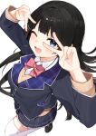  1girl :d ;d absurdres black_hair black_jacket black_shoes black_skirt blazer blue_eyes blush bow bowtie braid brown_sweater collared_shirt commentary_request contrast_lapels double_v foot_out_of_frame foreshortening full_body hair_ornament hairclip half_up_braid highres jacket lapels loafers long_hair looking_at_viewer miniskirt nijisanji notched_lapels one_eye_closed open_mouth parallel_hairclips pink_bow pink_bowtie plaid_clothes plaid_skirt pleated_skirt school_uniform shirt shoes simple_background skirt smile solo standing standing_on_one_leg straight_hair sweater sweater_under_jacket thighhighs tsukino_mito tsukino_mito_(1st_costume) ukiko_ruu v v_over_eye virtual_youtuber white_background white_shirt white_thighhighs winter_uniform 