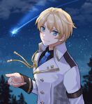 1boy armlet black_shirt blonde_hair blue_eyes blue_necktie coat collared_shirt commentary gold_trim highres holostars jewelry kishido_temma kishido_temma_(1st_costume) long_sleeves male_focus mioto_(tsubsq_m) necktie night shirt shooting_star short_hair sky sleeve_cuffs smile solo tree upper_body virtual_graduation_commemoration virtual_youtuber white_coat 