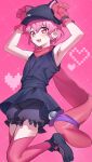  1boy absurdres animal_hands animal_hat arms_up black_hat black_shirt black_shoes black_shorts cat_hat commentary crossdressing crossdressing_(mtf) dohareona flat_cap gloves hat highres japanese_clothes looking_at_viewer male_focus mole mole_under_eye ninja open_mouth paw_gloves paw_shoes pink_background pink_eyes pink_hair pink_scarf pink_thighhighs pretty_series pripara reona_west scarf shirt shoes short_hair shorts smile solo standing standing_on_one_leg thighhighs trap untranslatable_commentary 