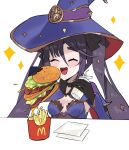  1girl ^_^ black_choker black_gloves breasts burger capelet choker closed_eyes commentary cup disposable_cup drinking_straw eating food french_fries fur-trimmed_capelet fur_trim genshin_impact gloves happy hat highres holding holding_food kemile leotard long_hair mcdonald's mona_(genshin_impact) open_mouth product_placement purple_capelet purple_hair purple_hat purple_leotard simple_background small_breasts solo sparkle sparkling_aura twintails witch_hat 