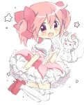  1girl :d absurdres blush bow bubble_skirt commentary_request dress frilled_skirt frilled_sleeves frills hair_between_eyes hair_bow hand_up highres hitode kaname_madoka kaname_madoka_(magical_girl) kyubey legs_up looking_at_viewer magical_girl mahou_shoujo_madoka_magica mahou_shoujo_madoka_magica_(anime) open_mouth pink_bow pink_dress pink_eyes pink_hair pink_shoes puffy_short_sleeves puffy_sleeves shoes short_dress short_hair short_sleeves short_twintails skirt smile solo star_(symbol) thighhighs twintails white_background white_skirt white_thighhighs zettai_ryouiki 