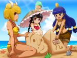  3girls :d ajirogasa aokicosumo barefoot beach bikini black_hair blonde_hair blue_eyes blue_hair blunt_bangs braid brown_shorts cloud cloudy_sky commentary_request double_bun earrings facial_mark frilled_bikini frills hair_bun hair_ornament hair_ribbon haniwa_(statue) hat highres jewelry joutouguu_mayumi key_earrings kneeling long_hair michigami_nareko multiple_girls parted_lips quad_tails red_bikini red_eyes ribbon sand sand_castle sand_sculpture short_hair shorts shovel sitting sky smile sphere_hair_ornament swimsuit touhou triangle triangle_facial_mark twin_braids white_ribbon yatadera_narumi yellow_bikini yellow_eyes 