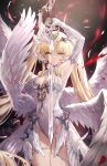  1girl arm_up armor armpits black_background blonde_hair blue_gem breasts cleavage commentary dress duet_night_abyss elbow_gloves falling_feathers falling_petals feathered_wings feathers finger_claws flora_(duet_night_abyss) flower forehead forehead_jewel gem gloves head_wings highres holding holding_sword holding_weapon horns light_particles light_trail long_hair looking_at_viewer medium_breasts multiple_wings parted_bangs parted_lips petals red_flower red_petals red_rose rose solo sword thighs thorns transparent_sword twintails vardan very_long_hair weapon white_gloves white_wings wings yellow_eyes 