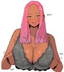  1girl black_eyes bra breasts breasts_squeezed_together cleavage commentary dark-skinned_female dark_skin ear_piercing english_commentary english_text forehead grey_bra highres large_breasts looking_at_viewer medium_hair ohasi open_mouth original piercing pink_hair simple_background solo underwear white_background 