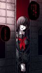  1girl black_sailor_collar black_serafuku blunt_bangs commentary_request eyeshadow highres hime_cut kayoi long_sidelocks makeup neckerchief original red_background red_eyeshadow red_lips red_nails red_neckerchief sailor_collar school_uniform serafuku sidelocks sliding_doors speech_bubble very_long_sidelocks 