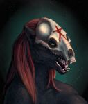  ambiguous_gender anthro black_body black_fur bone bust_portrait fangs fur glistening glistening_eyes green_eyes hair hi_res himeragoldtail long_hair nude open_mouth pink_tongue portrait red_hair simple_background skull skull_head solo species_request three-quarter_view tongue 