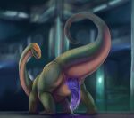  2019 anus blurred_background bodily_fluids detailed_background dinosaur erection feral genital_fluids genitals hi_res looking_back male open_mouth penis phinja precum precum_on_ground precum_on_penis precum_string presenting purple_penis raised_tail reptile sauropod scalie solo 