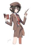  1girl absurdres bag black_hair black_jacket brown_bag brown_hat brown_shorts commentary hat highres holding holding_notebook holding_pen jacket necktie notebook pen pointy_ears red_eyes red_necktie shameimaru_aya shameimaru_aya_(newsboy) shirt short_hair shorts shoulder_bag signature simple_background solo standing touhou uehara_suiyo white_background white_shirt 