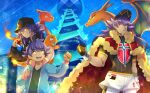  1boy absurdres baseball_cap black_hat blue_background blue_jacket cape charizard charmander charmeleon clenched_hand closed_mouth commentary english_commentary facial_hair fur-trimmed_cape fur_trim goatee hat highres holding holding_poke_ball jacket leon_(pokemon) male_focus multiple_views poke_ball pokemon pokemon_(anime) pokemon_(creature) pokemon_journeys pokemon_sword_and_shield purple_hair red_cape yami11 