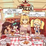  4girls :3 anger_vein badge blonde_hair breasts brown_hair cleavage commentary crossed_arms dating english_commentary fang fighting food frown glasses green_eyes large_breasts long_hair looking_at_viewer mature_female medium_hair mesugaki mother_and_child mother_and_daughter multiple_girls original parent_and_child pizza pizza_hut pizza_slice pov purple_eyes raised_inner_eyebrows restaurant round_eyewear rtil semi-rimless_eyewear short_hair smile smoking smug speech_bubble 