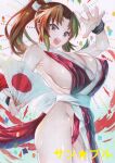  1girl absurdres bare_legs breasts brown_hair cleavage commentary_request covered_nipples curtained_hair fatal_fury hand_fan highres holding holding_fan huge_breasts japanese_clothes kimono marker_(medium) ninja no_bra open_mouth parted_bangs ponytail red_kimono rozarin shiny_skin shiranui_mai sideboob sideless_kimono solo thighs traditional_media 