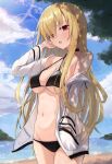 1girl 9-nine- absurdres armpit_crease bare_shoulders bikini black_bikini blonde_hair blue_sky blush breasts cleavage cloud commentary cowboy_shot criss-cross_halter dappled_sunlight day eyes_visible_through_hair furrowed_brow ghost_(9-nine-) groin hair_between_eyes halterneck hand_in_pocket hand_up highres hood hoodie hot large_breasts lens_flare long_hair long_sleeves looking_at_viewer navel open_clothes open_hoodie open_mouth outdoors red_eyes sky solo sparkle straight_hair summer sunlight swimsuit takoyaki032002 tsurime underboob very_long_hair white_hoodie wide_sleeves 