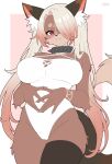 1girl absurdres animal_ear_fluff animal_ears black_thighhighs blush breasts choker closed_mouth commentary commission english_commentary fingernails furry furry_female gradient_hair hair_over_one_eye highres large_breasts leotard long_fingernails long_hair looking_at_viewer mo_(k40633) multicolored_hair one_eye_covered original pink_background red_eyes simple_background single_thighhigh smile snout solo spiked_choker spikes tail thighhighs twintails white_leotard 