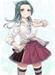  1girl blue_background bow clothes_around_waist commentary_request cowboy_shot forehead green_hair grey_jacket hair_ribbon highres jacket jacket_around_waist kanmiya_shinobu kantai_collection long_hair looking_at_viewer medium_hair open_clothes open_shirt ribbon smile solo suzunami_(kancolle) suzunami_kai_ni_(kancolle) 