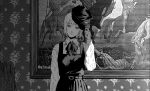  arm_at_side belt belt_buckle black_belt black_dress black_hat buckle chainsaw_man closed_mouth collared_shirt dress earrings fami_(chainsaw_man) four_horsemen_of_the_apocalypse_(1887_painting) fourth_east_high_school_uniform gitokuja greyscale hat highres holding holding_unworn_clothes holding_unworn_hat indoors jewelry looking_at_viewer mole mole_under_eye mole_under_mouth monochrome multiple_moles painting_(object) peaked_cap picture_frame pinafore_dress ringed_eyes school_uniform shirt short_hair sleeveless sleeveless_dress tassel tassel_earrings twitter_username unworn_hat unworn_headwear upper_body white_shirt wispy_bangs 