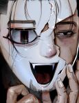  1boy 5me_q18 animegao bags_under_eyes black_eyes black_hair close-up commentary crack cracked_kawaii_mask fangs golden_kamuy hands_up highres kigurumi loose_hair_strand male_focus ogata_hyakunosuke scar scar_on_cheek scar_on_face short_hair solid_eyes solo sparkle untranslatable_commentary 