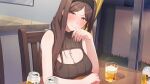  1girl alcohol beer blush breast_rest breasts breasts_on_table brown_eyes brown_hair chair cleavage cleavage_cutout closed_mouth clothing_cutout cross cross_necklace cup game_asset hand_on_own_cheek hand_on_own_face head_tilt highres indoors jewelry large_breasts long_hair long_sidelocks looking_at_viewer necklace non-web_source official_art on_chair s.u._(simpleu818) self-datamine shinonome_kasumi sidelocks sitting sleeveless sleeveless_sweater solo summer_clover sweater variant_set 