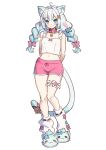  1girl absurdres ahoge animal_ear_fluff animal_ears bell blue_eyes blue_streaks bow braid camisole cat_ears cat_girl cat_tail closed_mouth collar commentary densetsu.exe dolphin_shorts frilled_camisole frilled_thigh_strap frills gradient_hair green_hair hair_ornament highres leg_warmers long_hair mat_(matdesenheiro) midriff mint_fantome mint_fantome_(otaku) multicolored_hair navel neck_bell pink_collar pink_shorts pink_streaks shorts slippers smile solo streaked_hair tail tail_bow tail_ornament thigh_strap twin_braids untranslatable_commentary virtual_youtuber white_background white_hair white_leg_warmers x_hair_ornament 