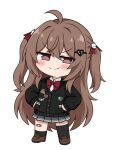  1girl ahoge asymmetrical_legwear bandaid bandaid_on_knee bandaid_on_leg black_cardigan black_socks blush_stickers bow bowtie brown_hair brown_shoes cardigan chibi chibi_only closed_mouth collared_shirt commentary crossed_bangs english_commentary evil_neuro-sama evil_neuro-sama_(1st_costume) grey_skirt hair_between_eyes hair_intakes hair_ribbon hands_on_own_hips highres hororin jitome loafers long_hair long_sleeves looking_at_viewer miniskirt no_nose pleated_skirt red_bow red_bowtie red_eyes red_ribbon ribbon shirt shoes skirt skull_and_crossbones smile smug socks solo split_mouth standing two_side_up uneven_legwear v-shaped_eyebrows vedal_ai very_long_hair virtual_youtuber white_background white_shirt 