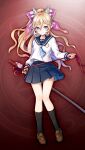  1girl artist_request black_socks blonde_hair blue_eyes blue_sailor_collar blue_skirt brown_shoes butterfly_hair_ornament closed_mouth collarbone eleanor_linless_(gakuen)_(grimms_notes) eleanor_linless_(grimms_notes) game_asset grimms_notes grimms_notes_gakuen hair_between_eyes hair_ornament hand_up high_ponytail holding holding_ribbon holding_sword holding_weapon katana kneehighs loafers long_sleeves non-web_source official_art parody pleated_skirt pointy_ears ponytail puffy_long_sleeves puffy_sleeves ribbon sailor_collar school_uniform serafuku shirt shoes skirt smile socks solo style_parody sword wavy_hair weapon white_shirt 