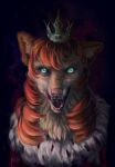  anthro black_sclera blood_on_face canid clothed clothing crown fangs female front_view fur green_eyes hair hi_res himeragoldtail licking licking_lips licking_own_lips looking_at_viewer mammal open_mouth pink_nose red_hair red_tongue self_lick simple_background solo tan_body tan_fur tongue tongue_out unsigned whiskers 
