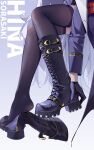  1girl black_boots black_gloves black_thighhighs blue_archive boots character_name chinese_commentary commentary_request demon_wings fine_fabric_emphasis gloves highres hina_(blue_archive) leg_focus long_hair long_sleeves low_wings lower_body painterliuhao single_unworn_boot solo thighhighs white_hair wings 