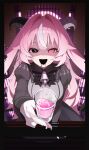  1girl :d absurdres animal_ears bell black_bow black_bowtie black_eyes black_skirt bow bowtie commentary cross-shaped_pupils cup femme_soule gloves goat_ears goat_girl goat_horns grey_shirt hair_flaps hair_intakes heterochromia highres holding holding_cup horns incoming_drink incoming_gift long_hair looking_at_viewer multicolored_hair n_sol neck_bell open_mouth pink_eyes pink_hair pukey_goddess_shot_trick saliva shaded_face shirt skirt smile solo streaked_hair symbol-shaped_pupils upper_body white_gloves white_streaks 
