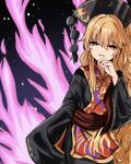  1girl amakaze16 black_dress black_hat blonde_hair commentary_request dalachi_(headdress) dress energy energy_tail fox_tail hair_between_eyes hat highres junko_(touhou) junko_day long_hair long_sleeves looking_at_viewer multiple_tails neck_ribbon open_mouth phoenix_print red_eyes red_tabard ribbon smile solo tabard tail touhou wide_sleeves yellow_ribbon 