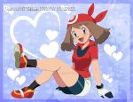  1girl absurdres bike_shorts blue_background blue_eyes breasts brown_hair commentary english_commentary gloves highres looking_at_viewer may_(pokemon) medium_breasts miyuki_tsukiyono open_mouth pokemon pokemon_(anime) pokemon_the_series:_ruby_and_sapphire red_shirt red_shoes shirt shoes simple_background sitting white_gloves 
