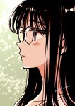  1girl artist_name bangs black-framed_eyewear black_hair blush commentary_request from_side glasses green_background himawari-san himawari-san_(character) long_hair parted_lips portrait purple_eyes shiny shiny_hair signature simple_background solo sugano_manami watermark 