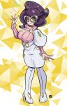  1girl absurdres artist_logo artist_name big_hair breasts capelet commentary d13arts english_commentary green_eyes high-waist_skirt highres large_breasts logo long_sleeves mature_female medium_skirt pencil_skirt pink-framed_eyewear pink_sweater pokemon pokemon_sun_and_moon purple_hair ribbed_sweater short_hair skirt smile solo sweater turtleneck turtleneck_sweater white_capelet white_skirt wicke_(pokemon) 